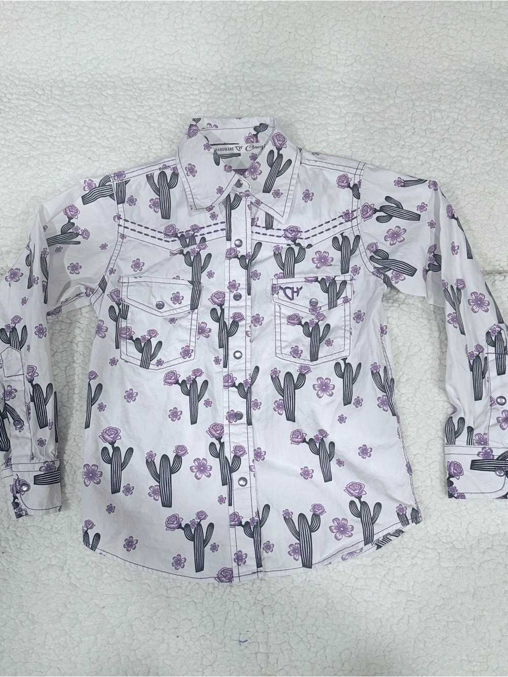 Cowgirl Hardware Girls' Purple Cactus Print Western Button-Down Shirt